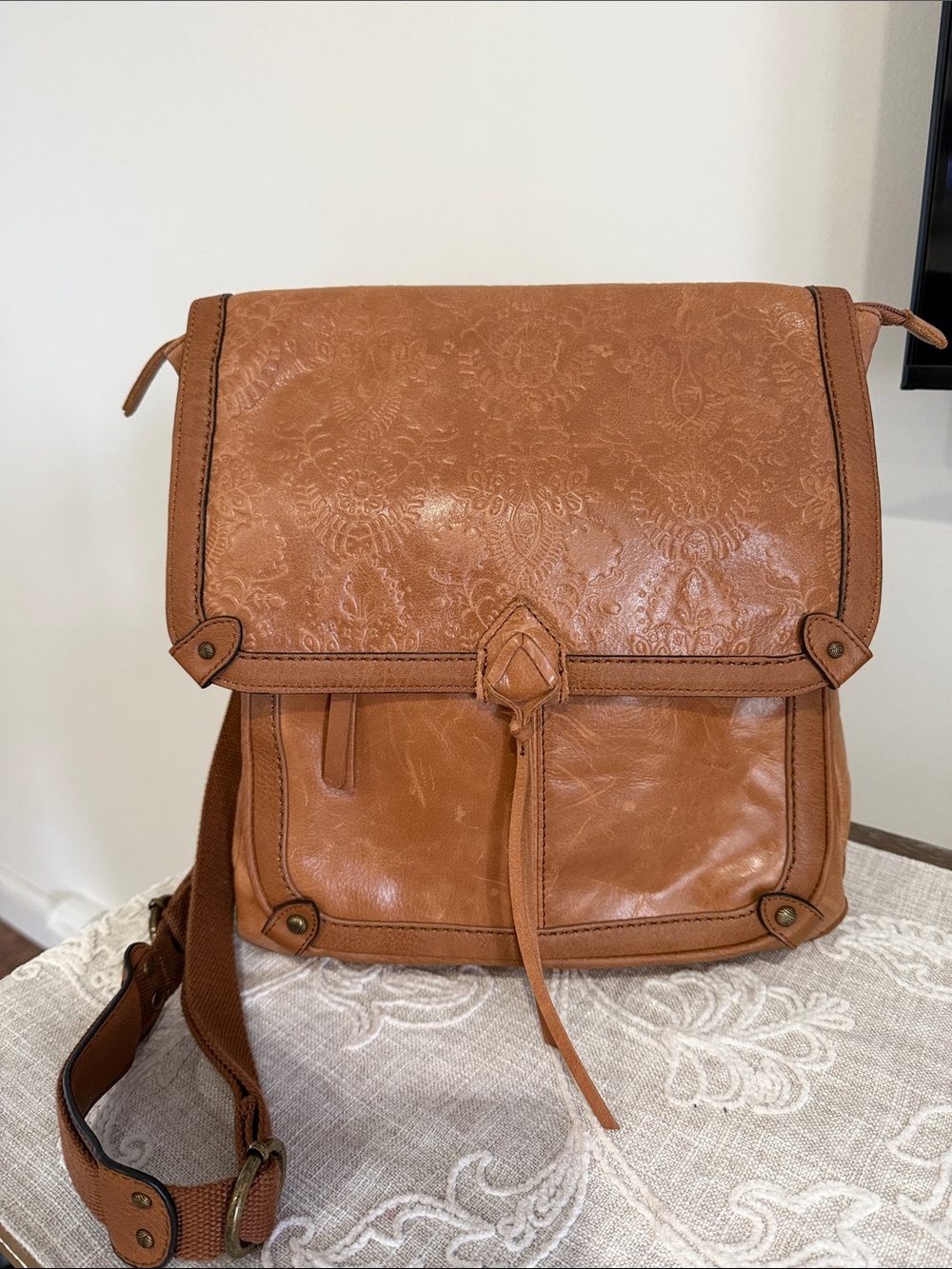 The Sak Tan Embossed Floral Leather Convertible Bag with Studded Detail